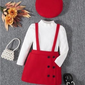 Girls Mock Neck Tee & Button Front Suspender Skirt with matching Beret